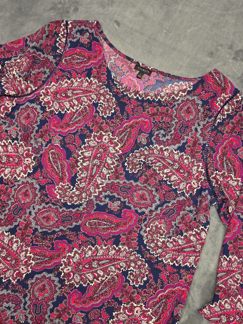 Talbots L Navy and Fuchsia Paisley Scoop Neck Long-Sleeve Top